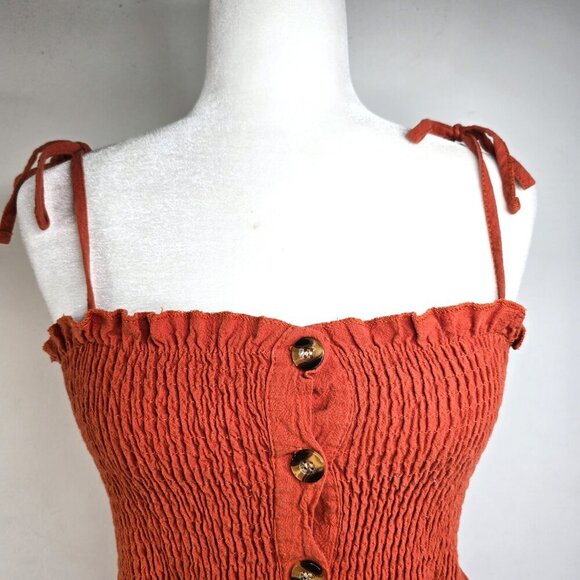 Women's Terra Cotta  Shoulder Tie Skater Smocked Button Front Mini Boho Dress - Picture 8 of 10